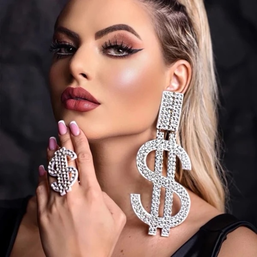 Crystal Dollar Sign Earrings and Ring Set